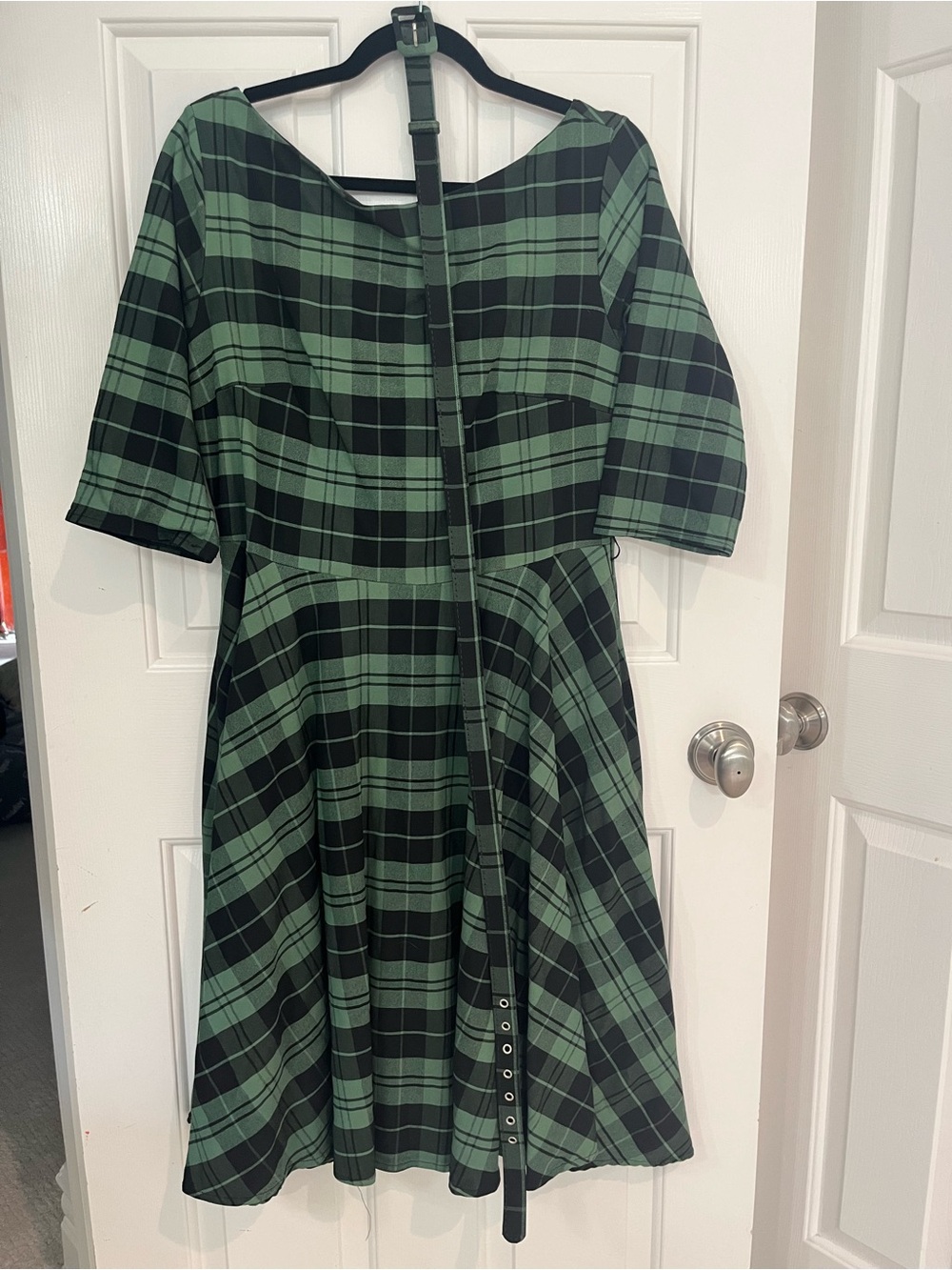 Unique Vintage Green and Black Plaid Midi Fit-and-Flare Dress with belt